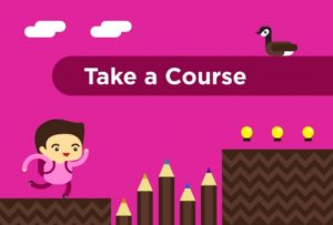 A pink photo with the text "take a course" to develop your skills to be an event planner